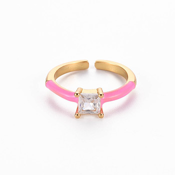 Brass Enamel Cuff Rings, Open Rings, Solitaire Rings, with Clear Cubic Zirconia, Nickel Free, Square, Golden, Pearl Pink, US Size 7(17.3mm)