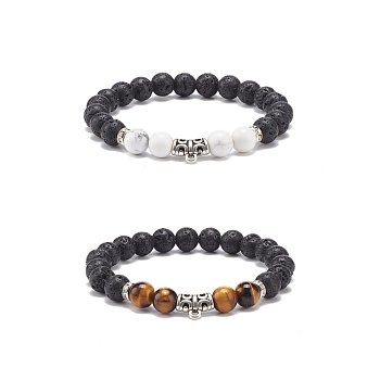 2Pcs 2 Style Natural Howlite & Tiger Eye & Lava Rock Stretch Bracelets Set with Alloy Tube, Essential Oil Gemstone Jewelry for Women, Inner Diameter: 2 inch(5cm), 1Pc/style