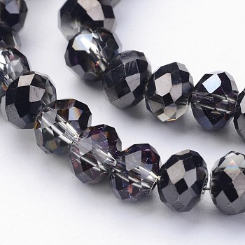 Half Plated Faceted Rondelle Electroplate Glass Beads Strands, Black Plated, 6x4mm, Hole: 1mm, about 85pcs/strand, 16 inch