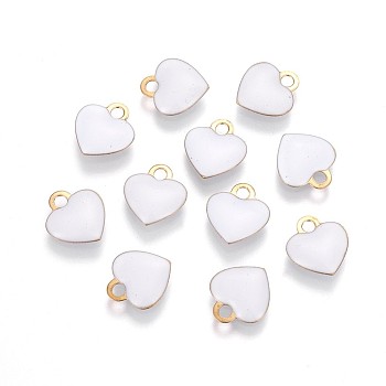 Brass Charms, with Enamel, Enamelled Sequins, Long-Lasting Plated, Nickel Free, Real 18K Gold Plated, Heart, White, 10x9x2mm, Hole: 1.6mm