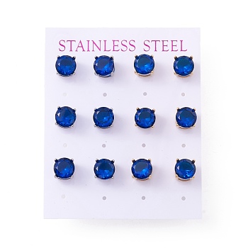 6 Pairs Cubic Zirconia Flat Round Stud Earrings, 304 Stainless Steel Jewelry for Women, Mixed Color, Medium Blue, 8mm, Pin: 0.7mm