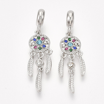 Alloy European Dangle Charms, with Rhinestone, Large Hole Pendants, Woven Net/Web with Feather, Platinum, Colorful, 44mm, Hole: 4mm