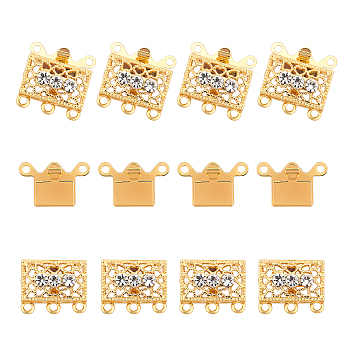Brass Filigree Box Clasps, with Rhinestone, Rectangle, Platinum & Golden, 17x18x7mm, Hole: 1.5mm, 2 colors, 10sets/color, 20sets/box