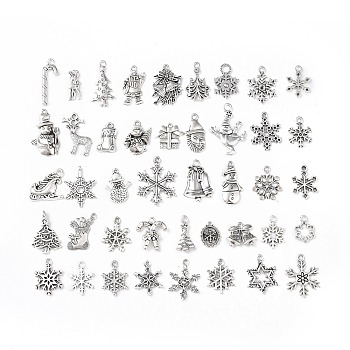 Tibetan Style Alloy Pendants, Christmas Theme Mixed Shapes Charms, Antique Silver, 16~28.5x7~22x2.5~3.5mm, Hole: 1.5mm, 40pcs/set