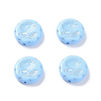 Opaque Acrylic Beads, Metal Enlaced, Flat Round with Flower Pattern, Light Sky Blue, 17.5~18x5~5.5mm, Hole: 1.8mm, about 399pcs/500g