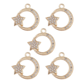 Alloy Rhinestones Pendants, Ring with Star Charms, Light Gold, 20x20x1.5mm, Hole: 1.8mm