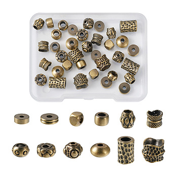 48Pcs 12 Style Tibetan Style Brass Beads, Mixed Shapes, Brushed Antique Bronze, 5~9.5x5~9.5X2~5mm, Hole: 1.4~3.8mm, 4pcs/style