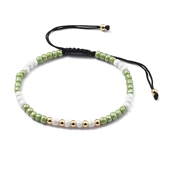 Adjustable Nylon Cord Braided Bead Bracelets, with Glass Seed Beads and Brass Beads, Green Yellow, Inner Diameter: 2-3/8~3-3/4 inch(5.9~9.4cm)