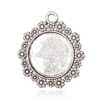 Tibetan Style Alloy Pendant Cabochon Settings, Flower, Antique Silver, Tray: 20mm, 34x30x2mm, Hole: 3mm