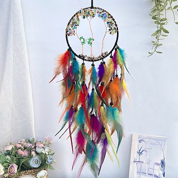 Iron & Woven Web/Net with Feather Pendant Decorations, with Glass & Wood Beads, for Home Hanging Decorations, Colorful, 700x160mm