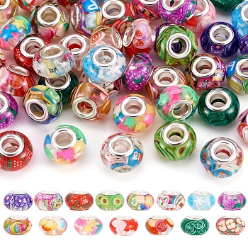 Pandahall 60Pcs 15 Colors Transparent Resin European Rondelle Beads, Large Hole Beads, with Polymer Clay and Platinum Tone Alloy Double Cores, Mixed Color, 14x8.5mm, Hole: 5mm, 4pcs/color