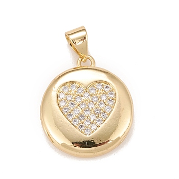 Brass Micro Pave Cubic Zirconia Locket Pendants, Photo Frame Charms for Necklaces, Real 18K Gold Plated, Lead Free & Cadmium Free, Flat Round with Heart, Clear, 18.5x16x4.5mm, Hole: 4x3mm, Inner Diameter: 11mm