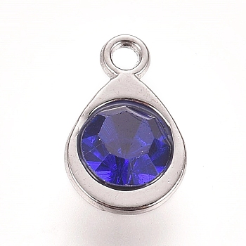 Faceted Glass Charms, with Platinum Plated Alloy Findings, Teardrop, September Birthstone Charms, Sapphire, 11.3x7.2x4.2mm, Hole: 1.2mm
