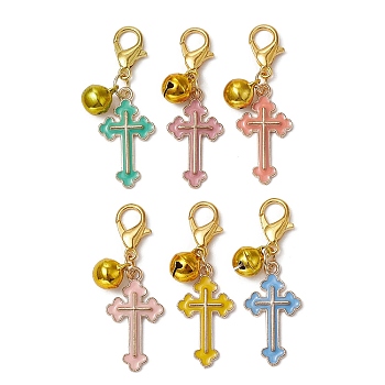 Cross Alloy Enamel Pendants Decorations, with Alloy Lobster Claw Clasps and Brass Bell Charm, Mixed Color, 41mm, 6pcs/set
