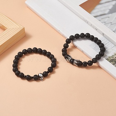 Ensemble de bracelets extensibles perlés en laiton et pierre de lave naturelle 2 pièces 2 styles(BJEW-JB09244-01)-2