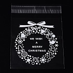 Rectangle OPP Cellophane Bags for Christmas, with Wreath Pattern, Clear, 14x9.9cm, Unilateral Thickness: 0.035mm, Inner Measure: 11x9.9cm, about 95~100pcs/bag(OPC-L001-34A)