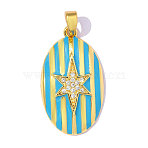 Brass Micro Pave Clear Cubic Zirconia Pendants, with Sky Blue Enamel, Ion Plating(IP), Oval with Star Charms, Hand Polished, Real 18K Gold Plated, 28x14mm, Hole: 5.2mm(CU-OY001-89G)