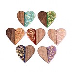 Opaque Resin and Walnut Wood Pendants, Heart Charms, with Glitter Powder & Gold Foil, Mixed Color, 37.5x39x3~3.5mm, Hole: 2mm(RESI-T060-16M)