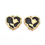 304 Stainless Steel Pendants, with Enamel, Heart with Flower Charms, Real 18K Gold Plated, Ion Plating(IP), Black, 21x22x3.5mm, Hole: 1.2mm(STAS-N107-03B-G)