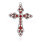 Tibetan Style Alloy Rhinestone Big Pendants, Latin Cross, Antique Silver, Light Siam, 69x48x5mm, Hole: 3mm(RB-J158-10AS)