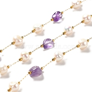 Natural Pearl & Amethyst Beaded Chains, with Stainless Steel Findings, Long-Lasting Plated, Soldered, Golden, 5~9.5x4~8x2~5mm, 4~6x5.5~8mm(CHS-B002-01G-07)