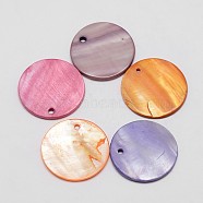 Dyed Natural Flat Round Shell Pendant, Mixed Color, 30x2mm, Hole: 2mm(SHEL-P003-07)