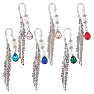 Glass Teardrop Birthstone Pendant Bookmarks, Alloy Feather Bookmark, Mixed Color, 115mm, 6 colors, 1pc/color, 6pcs/set(AJEW-PH01546)