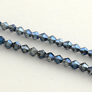 Electroplate Glass Bead Strands, Rainbow Plated, Faceted Bicone, Marine Blue, 4x4.5mm, Hole: 1mm, about 82~85pcs/strand, 30.5~31cm(EGLA-R094-4mm-13)