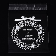 Rectangle OPP Cellophane Bags for Christmas, with Wreath Pattern, Clear, 14x9.9cm, Unilateral Thickness: 0.035mm, Inner Measure: 11x9.9cm, about 95~100pcs/bag(OPC-L001-34A)