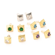 Brass Micro Pave Cubic Zirconia Stud Earrings, with Plastic Ear Nuts, Long-Lasting Plated, Square, Mixed Color, 9x9x5mm, Pin: 0.6mm(EJEW-F273-14)
