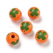 Printed Wood European Beads, Saint Patrick's Day Beads, Round with Clover Pattern, Coral, 15.5~16mm, Hole: 4~4.5mm(WOOD-G022-01A)