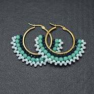 304 Stainless Steel Hoop Earrings, Beaded Hoop Earrings, with Glass Beads, Fan, Golden, Turquoise, 40.5~42x48~48.5x4mm(EJEW-O090-I20)