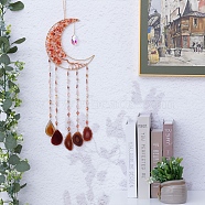 Wire Wrapped Natural Carnelian Chip Moon with Tree of Life Hanging Suncatchers, with Natural Agate Piece and Glass Charm for Home Wall Decorations, Golden, 580x180mm(PW-WG88415-01)
