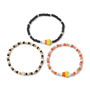 3Pcs 3 Styles Halloween Skull & Candy Corn Acrylic and Synthetic Magnesite Bracelet Sets, Stackable Glass Seed Beaded Stretch Bracelets for Women, Mixed Color, Inner Diameter: 2 inch(5.2cm), 1pc/style(BJEW-JB10525)