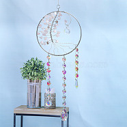 Glass Teardrop Pendant Decorations, Natural Rose Quartz Chips Tree of Life Hanging Suncatchers, with Metal Findings and Octagon Glass Link, for Home Ornaments, 150mm(TREE-PW0003-09A)