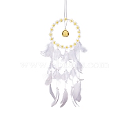 Woven Web/Net with Feather Pendant Decorations, Glass Teardrop Charm for Home Outdoor Garden Hanging Decorations, White, 600x160mm(PW-WG82317-02)