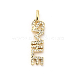 Brass Micro Pave Cubic Zirconia Pendant, Long-Lasting Plated, Real 18K Gold Plated, Cadmium Free & Nickel Free & Lead Free, Word Smile, Real 18K Gold Plated, 30x7x2.5mm, Hole: 3mm(KK-H434-02G)