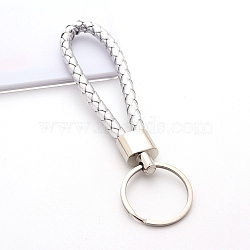 Handwoven Imitation Leather Keychain, with Metal Car Key Ring Chain Accessories Gift for Men and Women, Silver, 122x30mm(PW-WG34868-04)