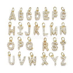 Brass Micro Pave Clear Cubic Zirconia Charms, with Jump Rings, Real 18K Gold Plated, Cadmium Free & Nickel Free & Lead Free, Alphabet, Letter A~Z, 11~12x5.5~9x2.5mm, Hole: 3mm(KK-N241-001-NR)