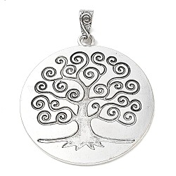 Tibetan Style Alloy Big Pendants, Flat Round with Tree of Life Charms, Antique Silver, 76x66x2mm, Hole: 12x5mm(AL-CBACA42-11AS)