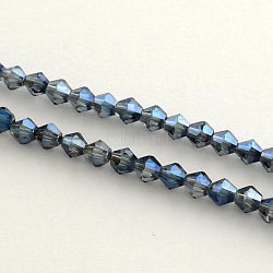 Electroplate Glass Bead Strands, Rainbow Plated, Faceted Bicone, Marine Blue, 4x4.5mm, Hole: 1mm, about 92~96pcs/strand, 13.78~14.37 inch(EGLA-R094-4mm-13)