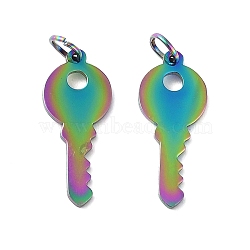 Ion Plating(IP) 304 Stainless Steel Charms, Laser Cut, with Jump Rings, Key, Rainbow Color, 15x6x0.7mm, Jump Ring: 3x0.4mm, 2.2mm inner diameter(A-STAS-S116-070M)