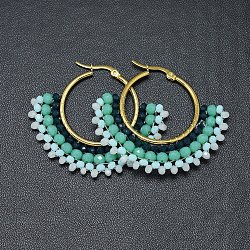 304 Stainless Steel Hoop Earrings, Beaded Hoop Earrings, with Glass Beads, Fan, Golden, Turquoise, 40.5~42x48~48.5x4mm(EJEW-O090-I20)