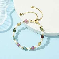 Adjustable Natural Tourmaline & Cultured Freshwater Pearl Beads Slider Bracelets for Women, Cube & Nuggets, 10.24~10.43 inch(26~26.5cm)(BJEW-JB13609-01)