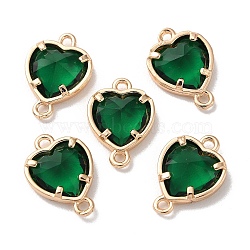 K9 Glass Connector Charms, Heart Links with Golden Tone Brass Findings, Emerald, 14x10x4.5mm, Hole: 1.2mm(FIND-C036-08G-03)