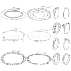 17Pcs 17 Style Heart & Leaf & Flower & Infinity Jewelry Set, Alloy Chains & Imitation Pearl Anklet & Brass Open Cuff Toe Rings for Women, Platinum, Anklet: 205~475mm, Ring: 13~15.5mm Inner Diameter(SJEW-AN0001-41)