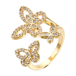 Cubic Zirconia Triple Butterfly Open Cuff Rings, Real 18K Gold Plated Brass Wide Ring for Women, Nickel Free, Clear, US Size 7 3/4(17.9mm)(RJEW-N037-042B)