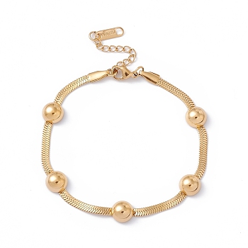 Ion Plating(IP) 304 Stainless Steel Half Round Beaded Herringbone Chain Bracelet for Women, Golden, 7-1/4 inch(18.5cm)