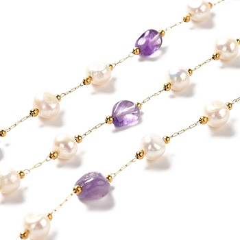 Natural Pearl & Amethyst Beaded Chains, with Stainless Steel Findings, Long-Lasting Plated, Soldered, Golden, 5~9.5x4~8x2~5mm, 4~6x5.5~8mm