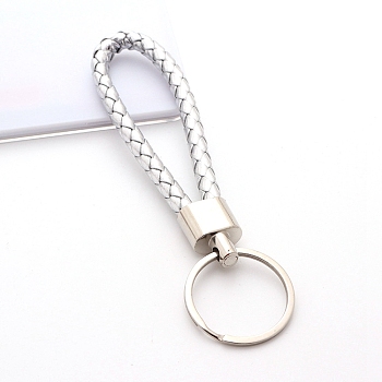 Handwoven Imitation Leather Keychain, with Metal Car Key Ring Chain Accessories Gift for Men and Women, Silver, 122x30mm
